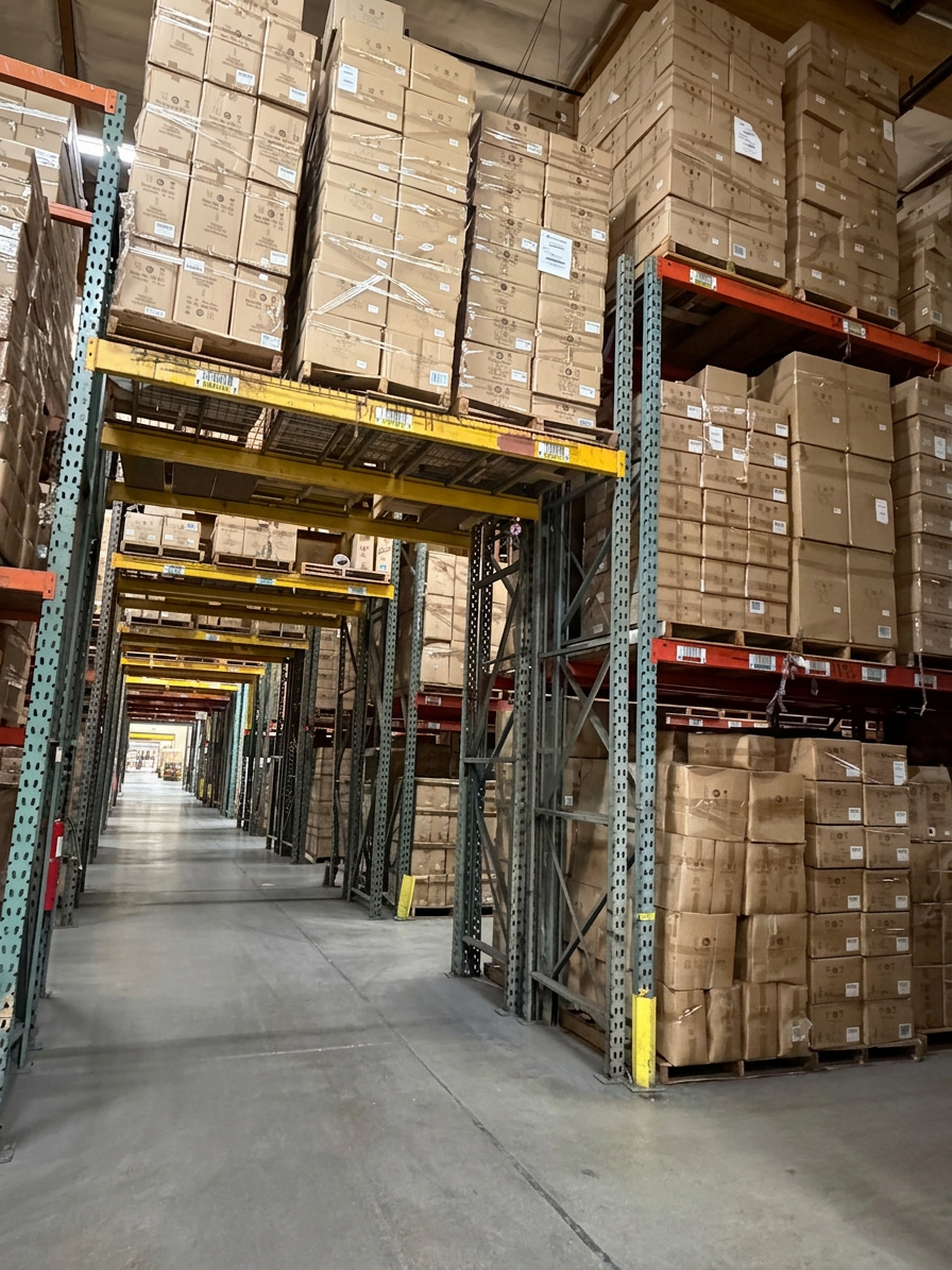 Tall pallet rack bay fully loaded with stacked cartons at Logix Fulfillment Vernon CA