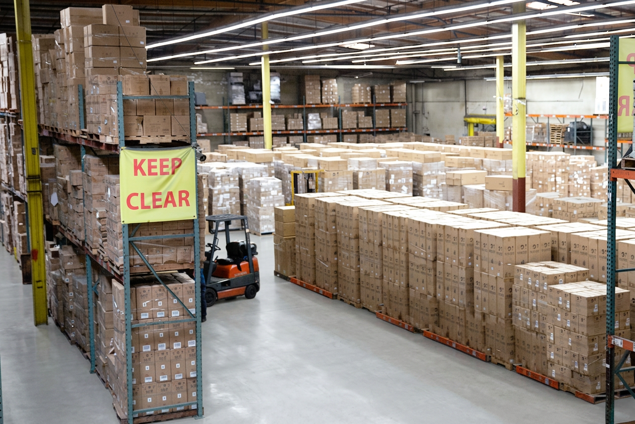 Forklift operating on Logix Fulfillment warehouse floor with stacked pallets