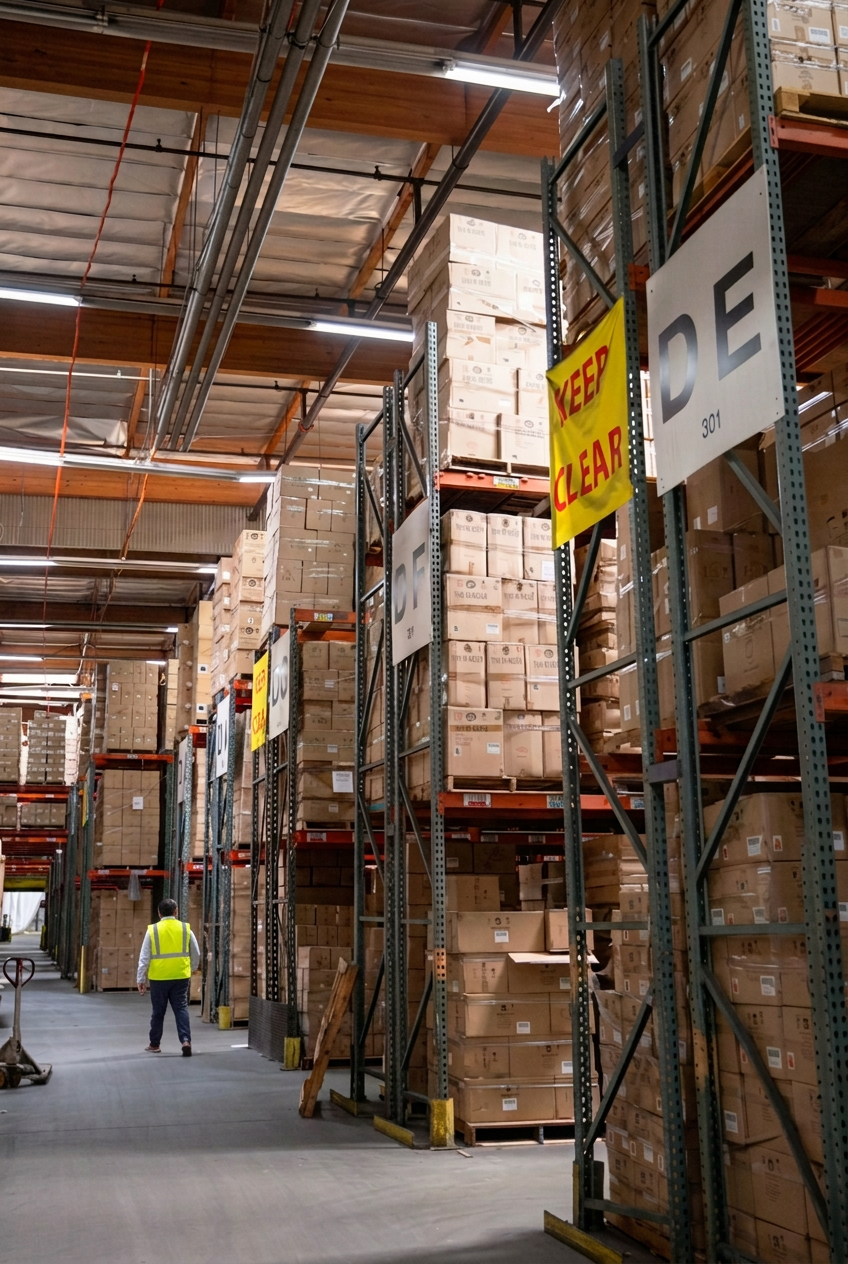 Manager walking through tall pallet racking aisles at Logix Fulfillment warehouse