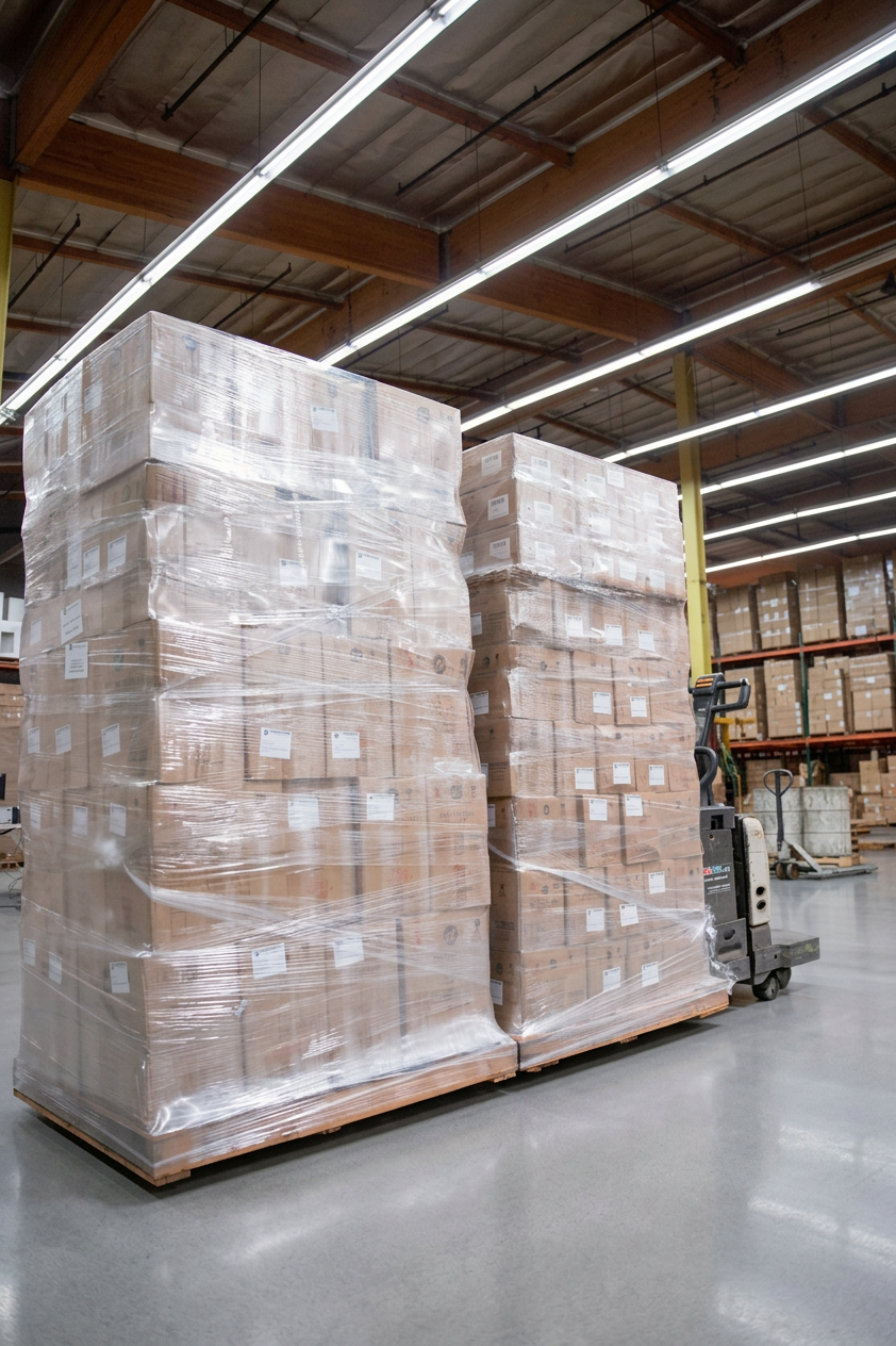 Stretch-wrapped pallets staged for retail distribution and container loading